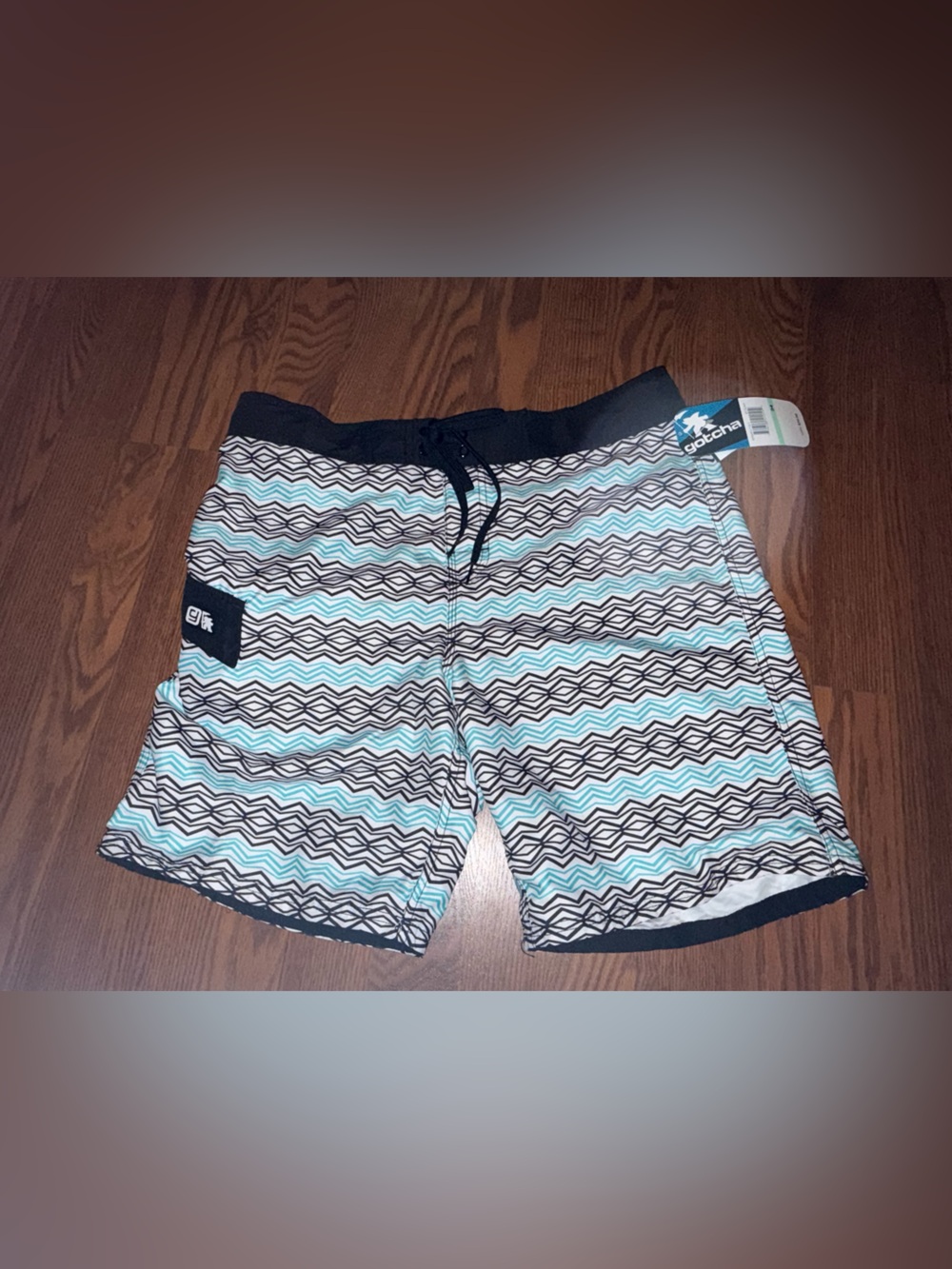 Men’s Geometric Stripe Swim Board Shorts in Black, White & Aqua